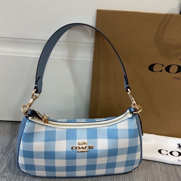 Coach Handbags - Coach Light Blue Gingham Shoulder Bag with Gold Hardware